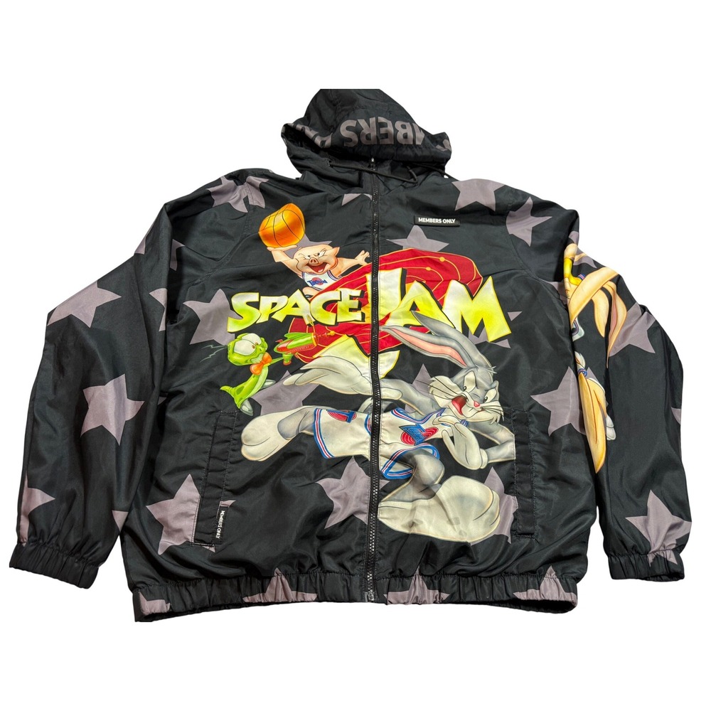 Members Only Unisex Space Jam Windbreaker Jacket L Black Graphic Looney Tunes